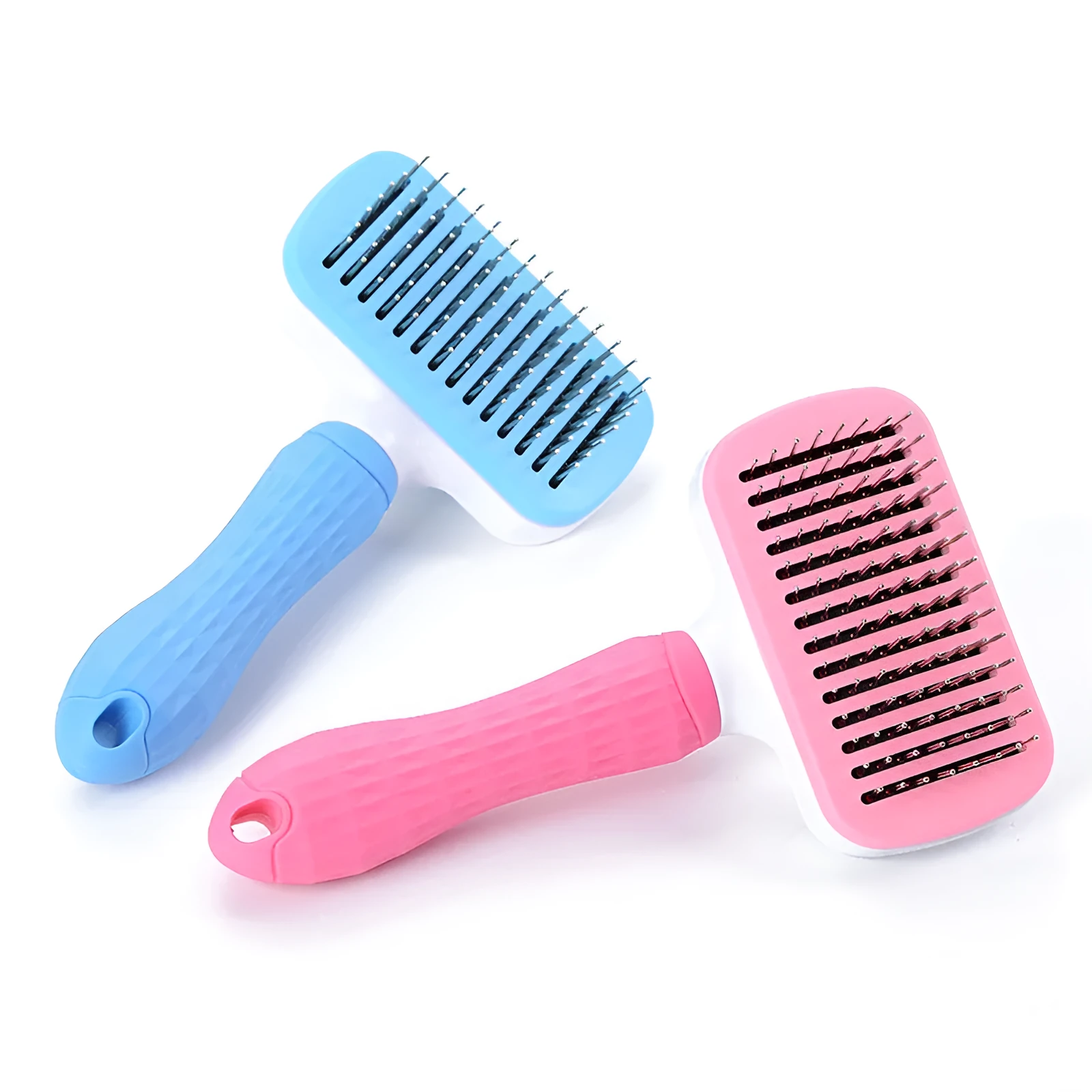 Pet self-cleaning comb with thick steel needles, blue handle, 18.5cm length, for dogs and cats