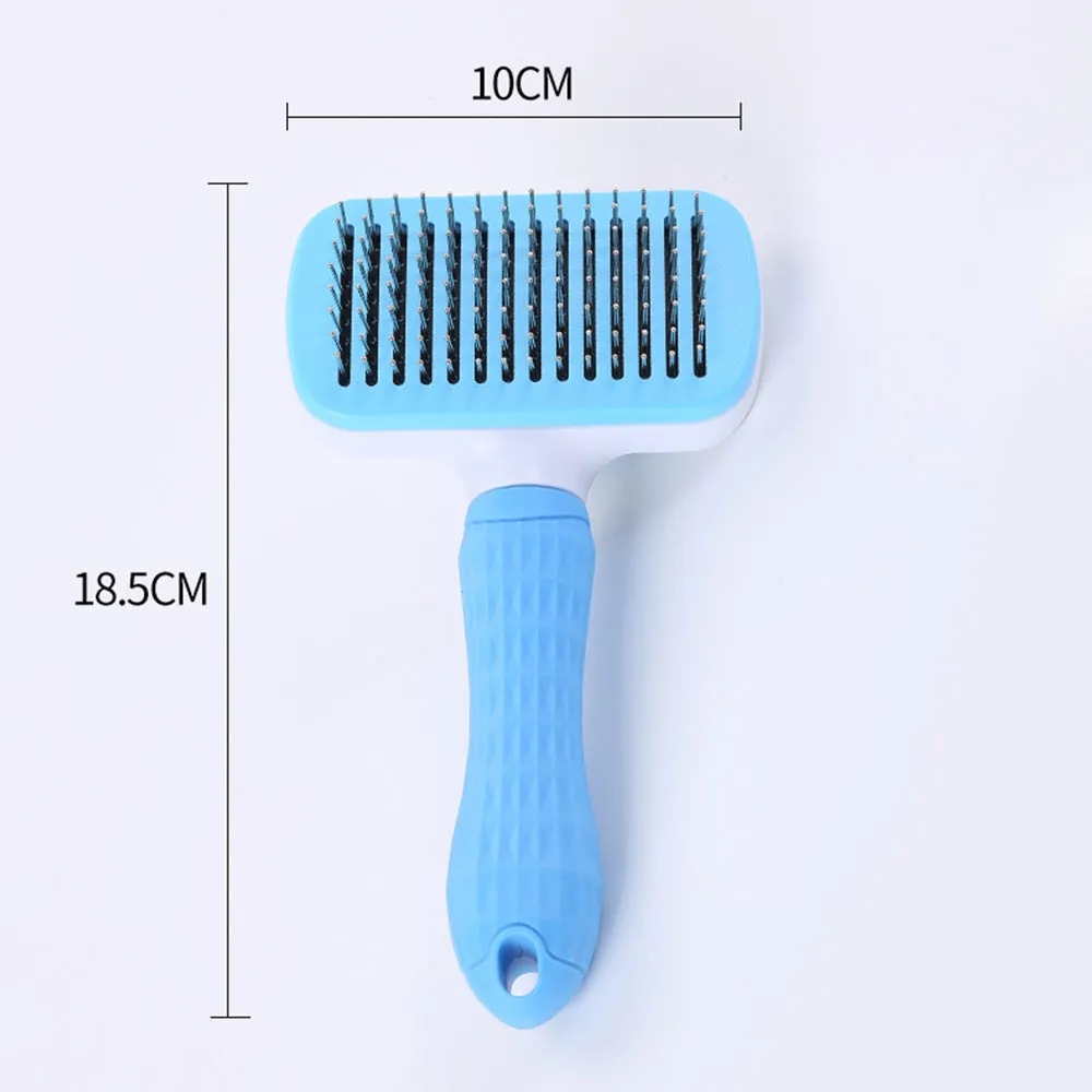 Pet self-cleaning comb with thick steel needles, blue handle, 18.5cm length, for dogs and cats