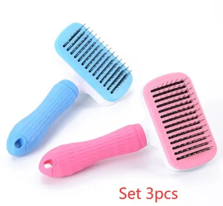 Pet self-cleaning comb with thick steel needles, blue handle, 18.5cm length, for dogs and cats