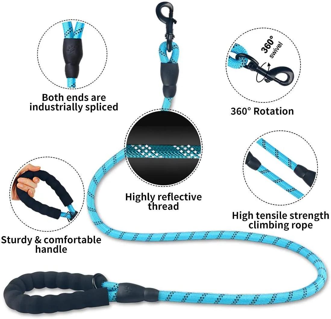 Small medium dog luminous leash chain reflective nylon 1.5m length blue colour padded handle training lead