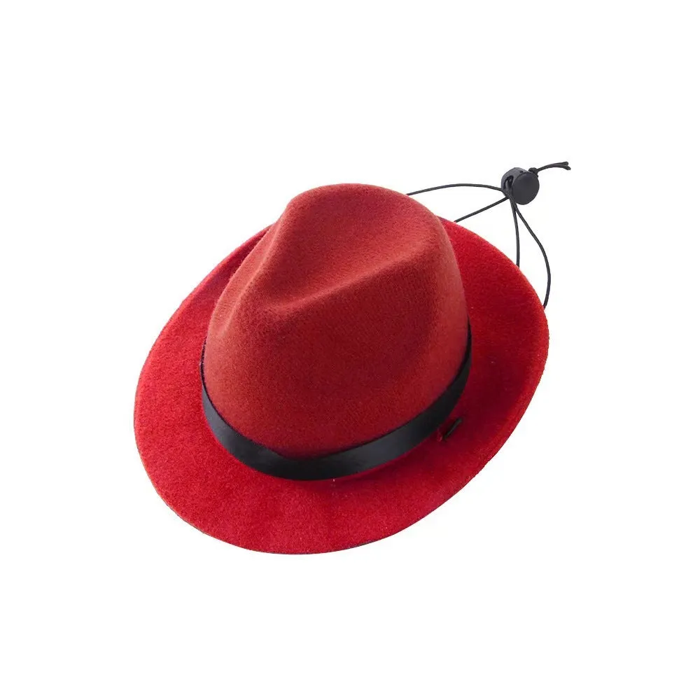 Small pink wool felt pet sun hat with hairpin attachment on white background