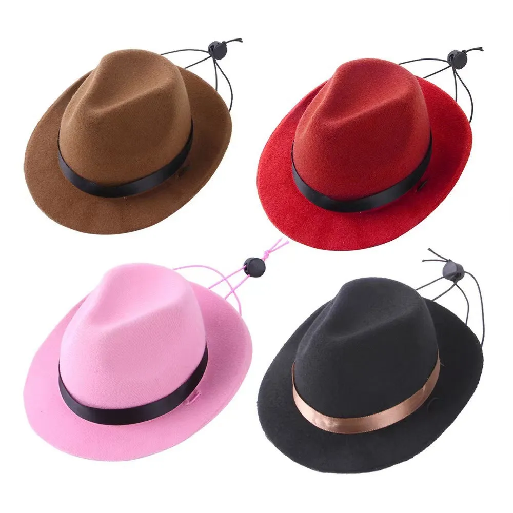 Small pink wool felt pet sun hat with hairpin attachment on white background