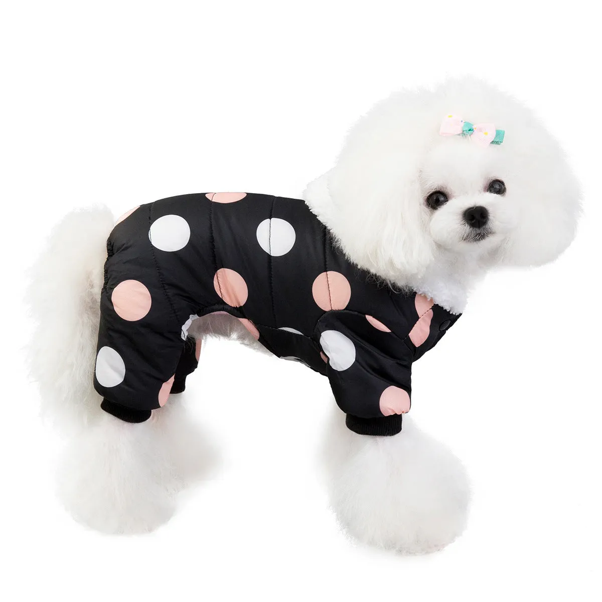 Warm big polka dot four-leg cotton coat in black, size S, front view