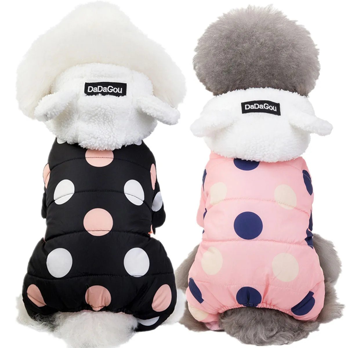 Warm big polka dot four-leg cotton coat in black, size S, front view