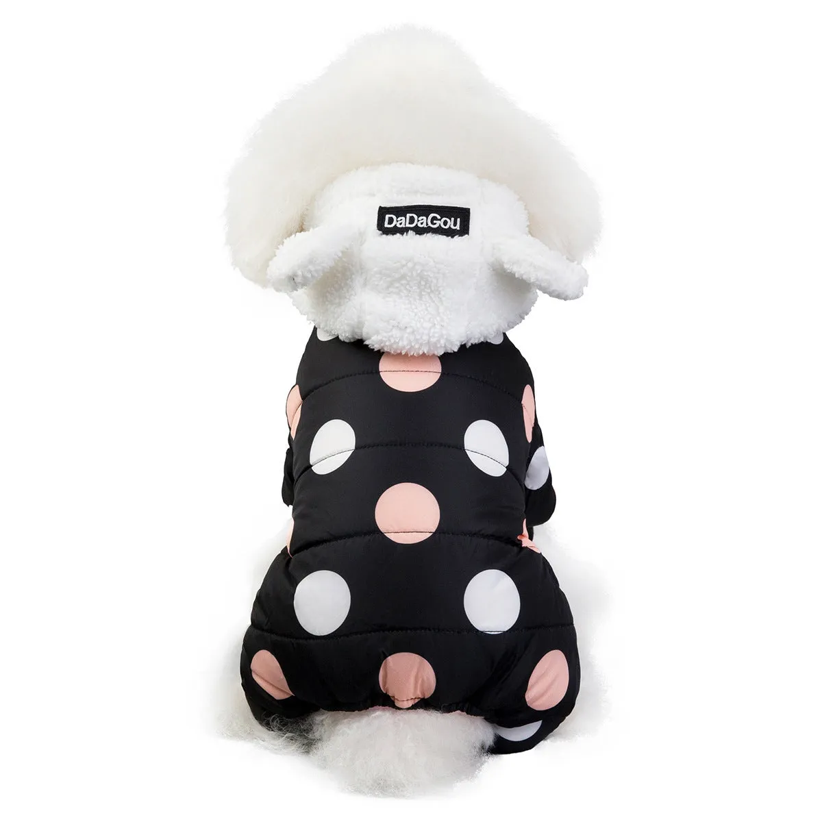 Warm big polka dot four-leg cotton coat in black, size S, front view