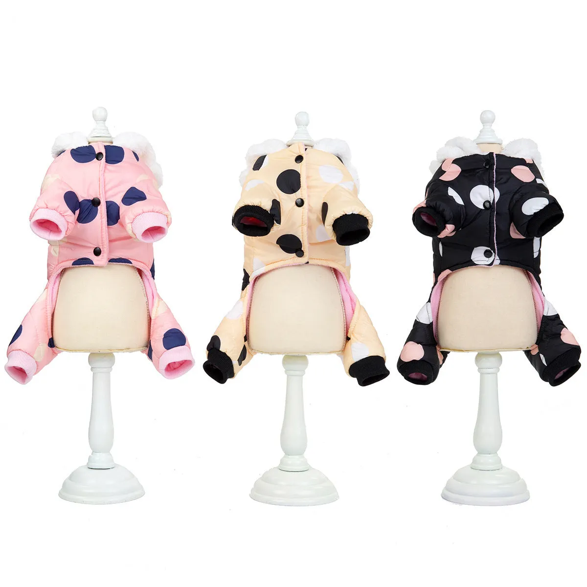 Warm big polka dot four-leg cotton coat in black, size S, front view