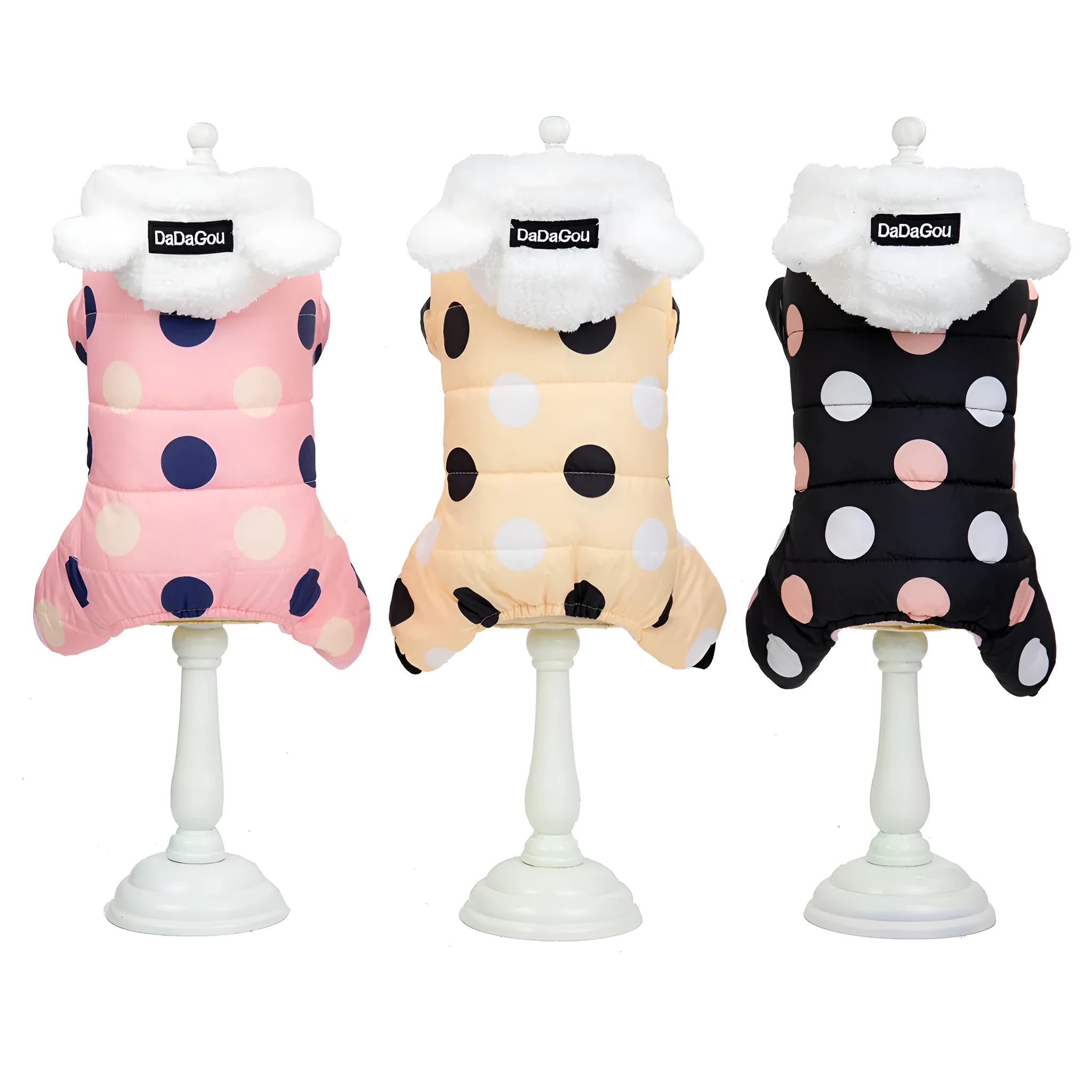 Warm big polka dot four-leg cotton coat in black, size S, front view