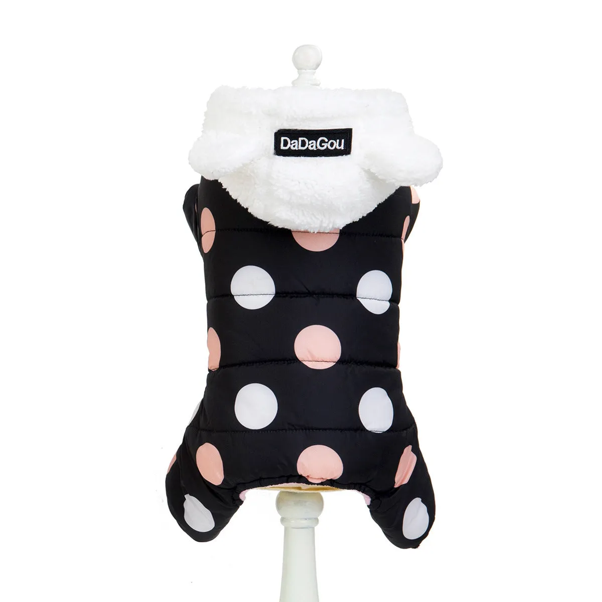 Warm big polka dot four-leg cotton coat in black, size S, front view