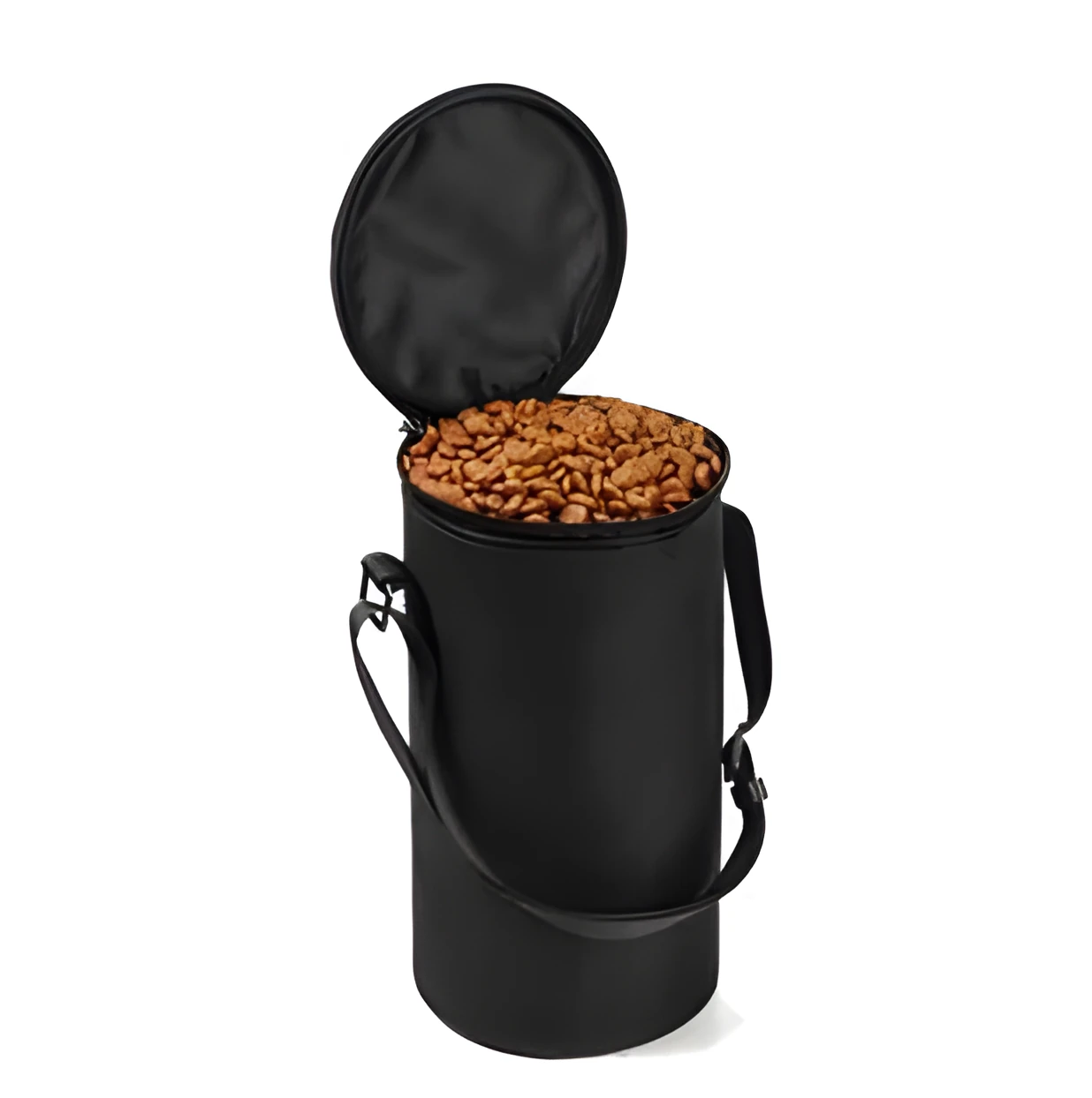 Waterproof dog food bag with built-in travel bowl in black for outdoor camping use