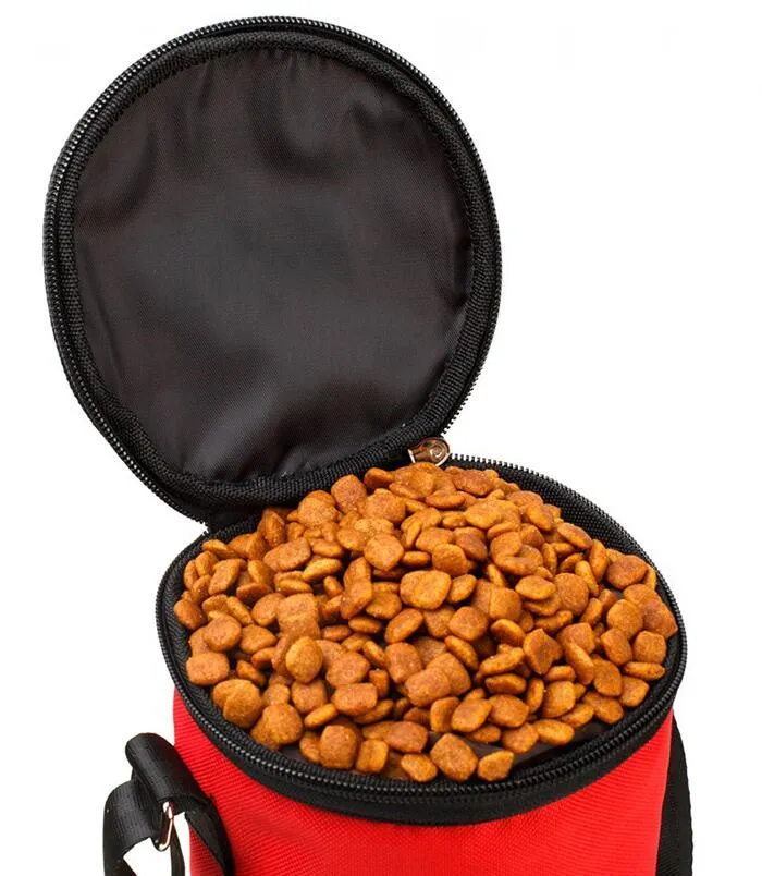 Waterproof dog food bag with built-in travel bowl in black for outdoor camping use