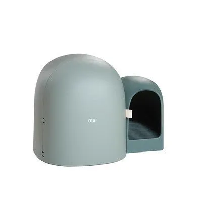 Fully enclosed oversized cat litter box in ABS plastic shown in moss green colour.