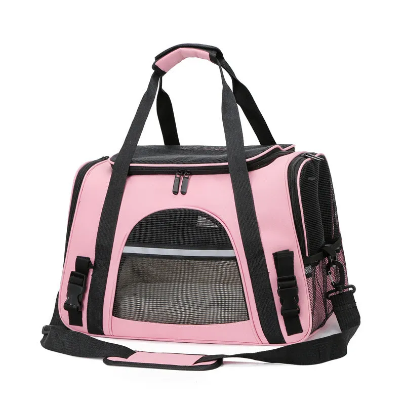 Portable outdoor pet carrier bag in Oxford cloth with side zipper openings, for cats and dogs under 10 kg