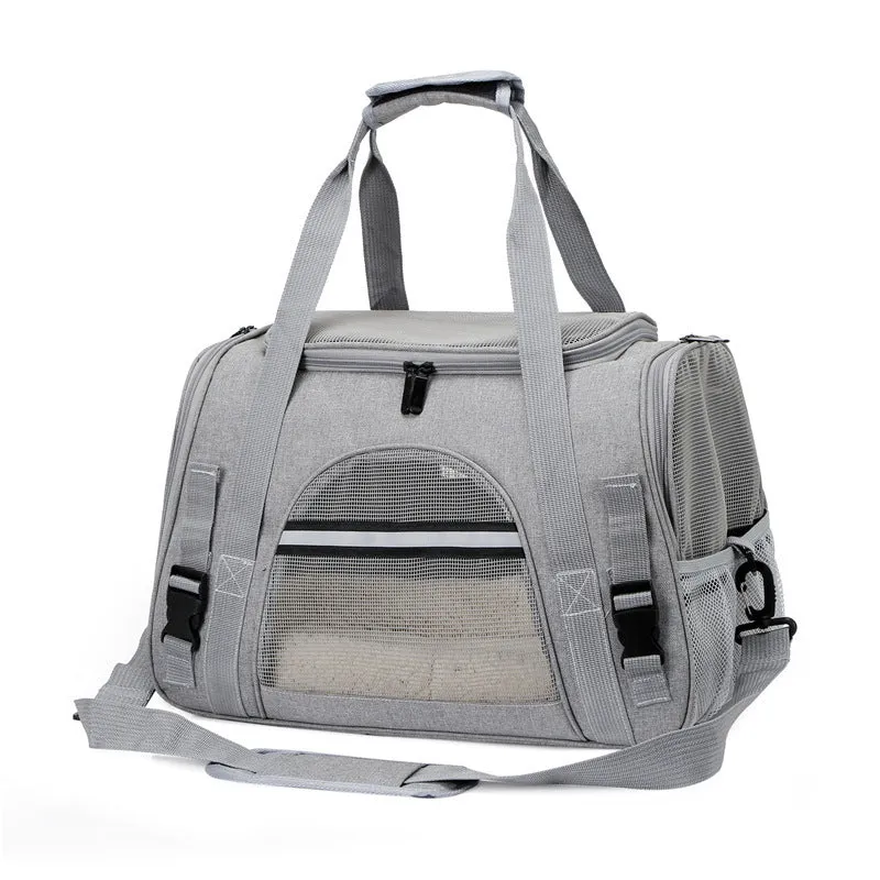 Portable outdoor pet carrier bag in Oxford cloth with side zipper openings, for cats and dogs under 10 kg