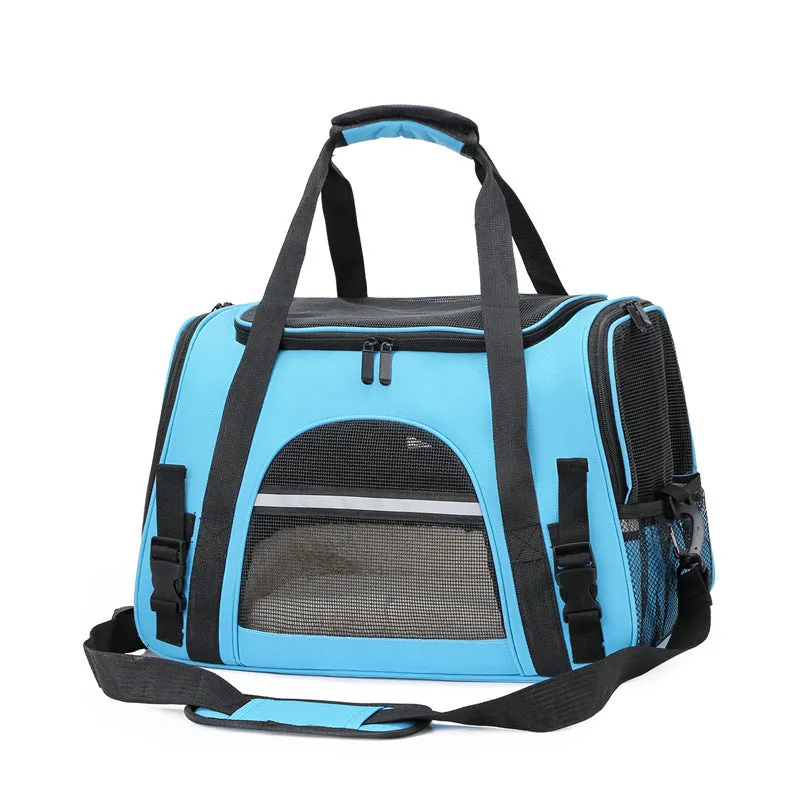 Portable outdoor pet carrier bag in Oxford cloth with side zipper openings, for cats and dogs under 10 kg