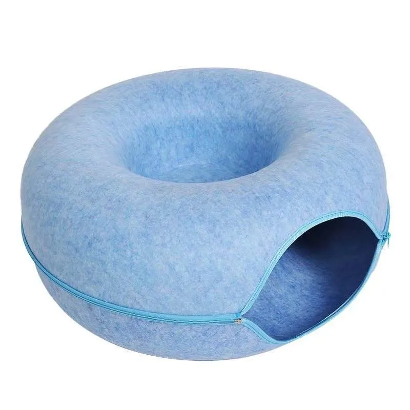 Natural felt donut cat tunnel bed in light grey with tunnel entrance 60x60x27cm