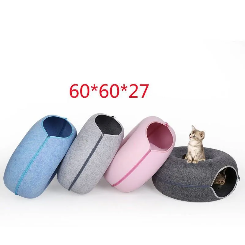 Natural felt donut cat tunnel bed in light grey with tunnel entrance 60x60x27cm