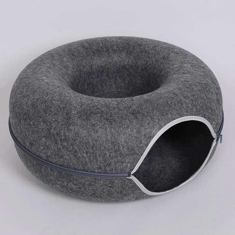 Natural felt donut cat tunnel bed in light grey with tunnel entrance 60x60x27cm