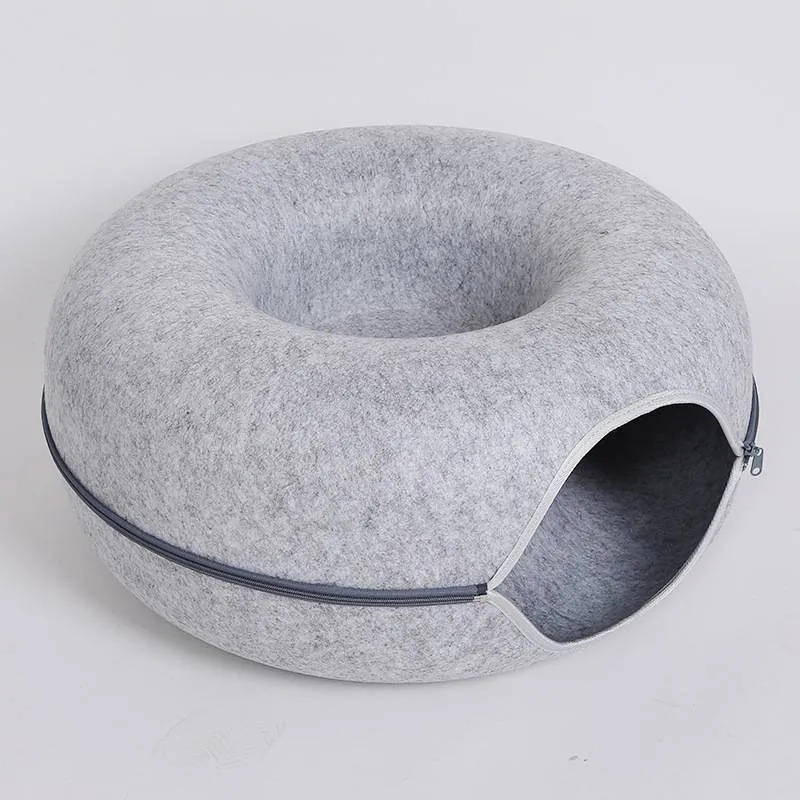 Natural felt donut cat tunnel bed in light grey with tunnel entrance 60x60x27cm