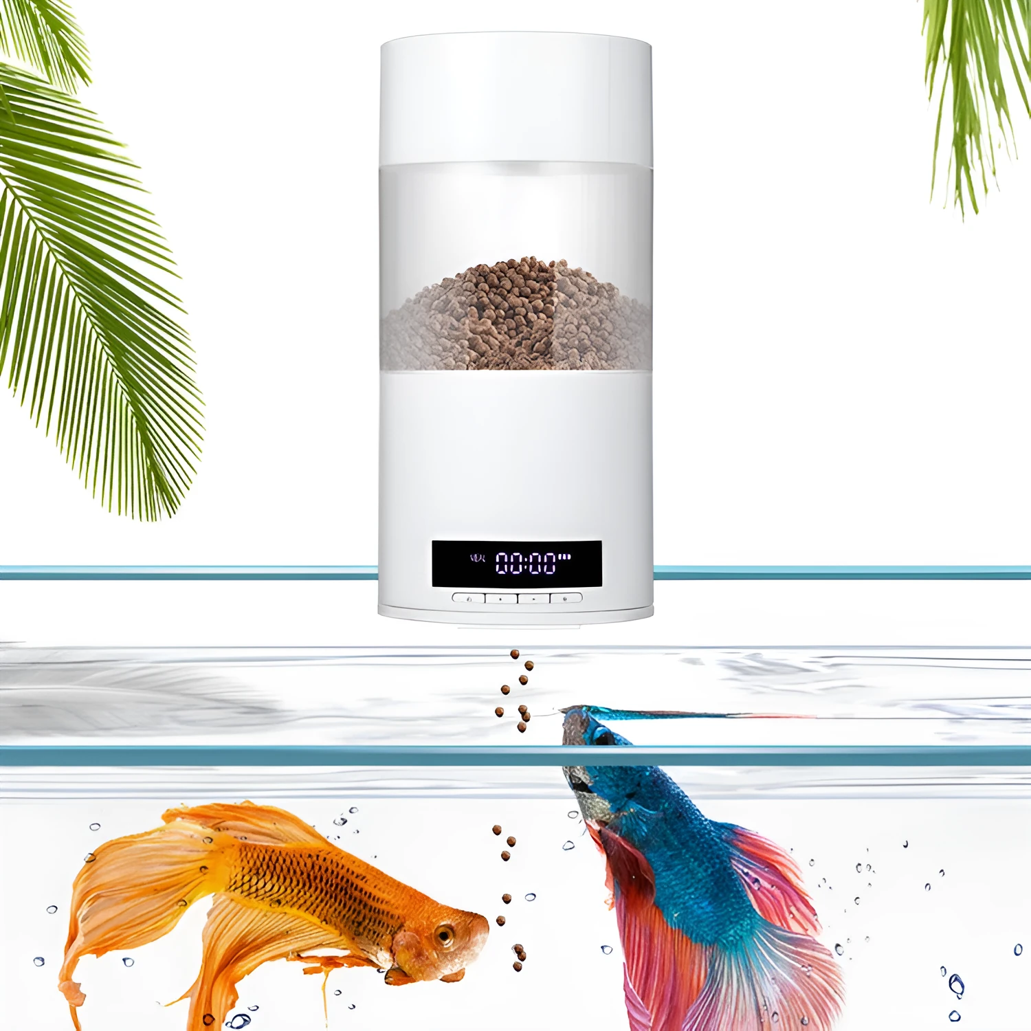 White ABS automatic fish feeder for aquarium, 9x9x18cm, with 24-hour timer and USB cable