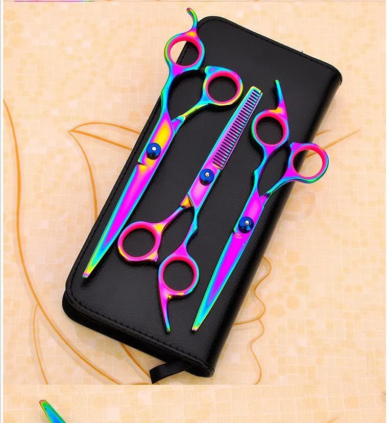 Set of three DCPET pet grooming scissors on bag: 7-inch curved, 6-inch flat, 6-inch tooth shear, 4CR steel, 17.5 cm, purple colour