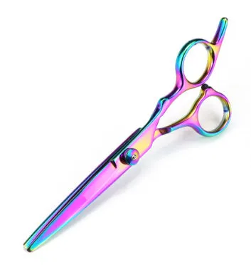 Set of three DCPET pet grooming scissors on bag: 7-inch curved, 6-inch flat, 6-inch tooth shear, 4CR steel, 17.5 cm, purple colour