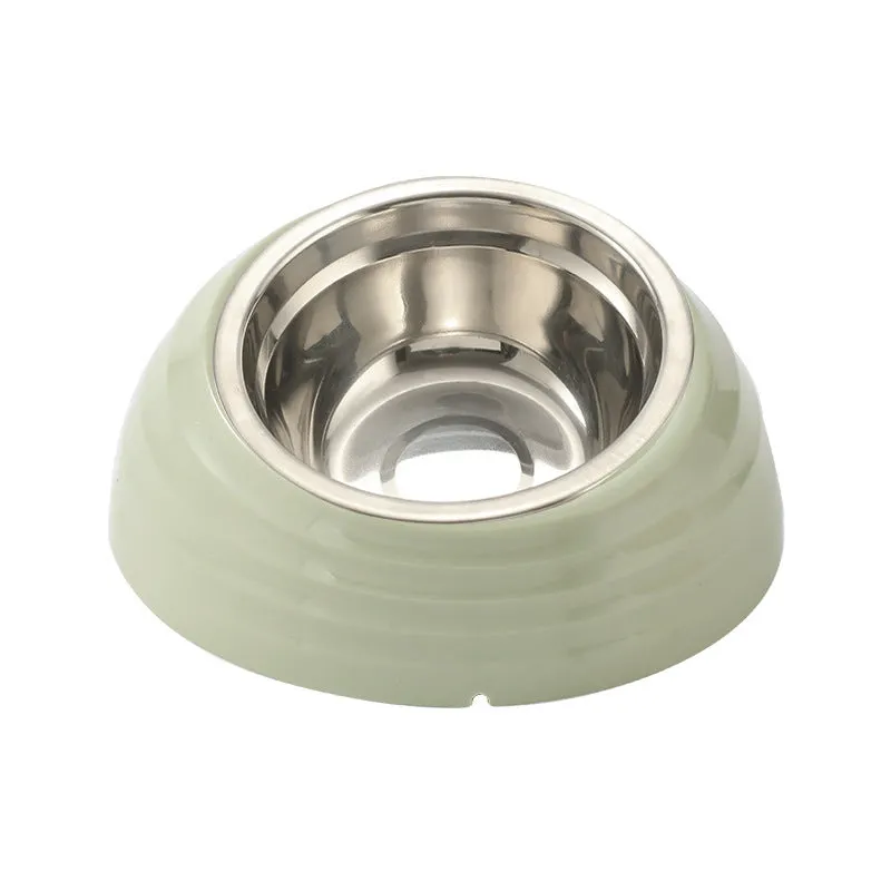 Stainless steel cat bowl feeder available in beige, brown, or light green.