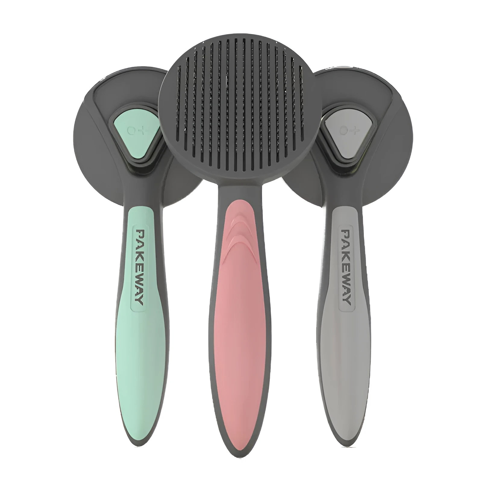 Pet floating hair combing brush in mint green, engineering plastic handle, 193mm length on white background