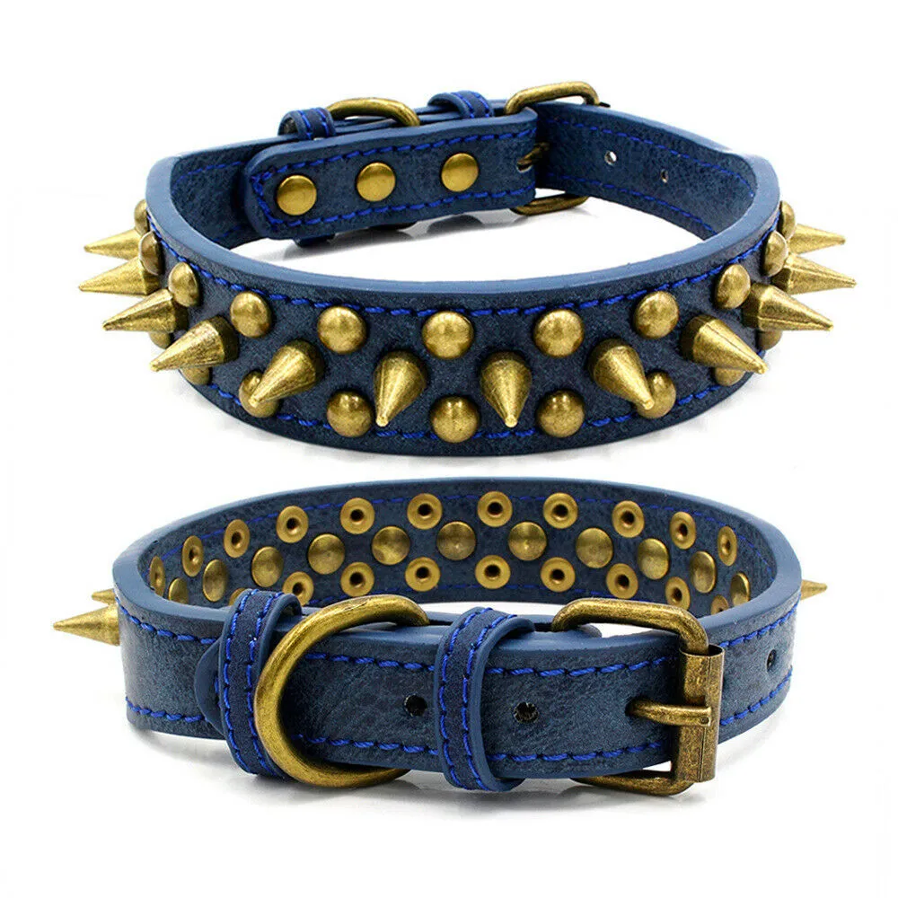Retro studded spiked rivet PU faux leather dog collar in blue with metal D ring buckle on white background