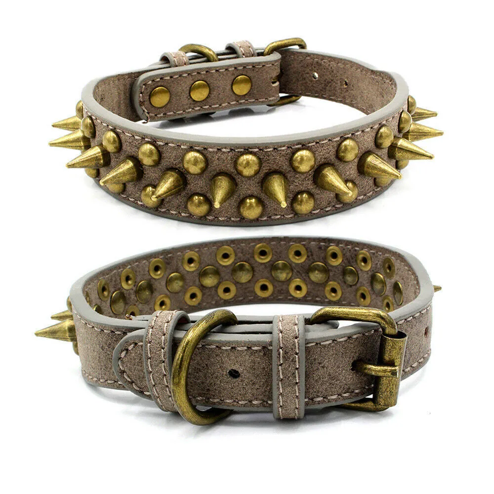 Retro studded spiked rivet PU faux leather dog collar in blue with metal D ring buckle on white background