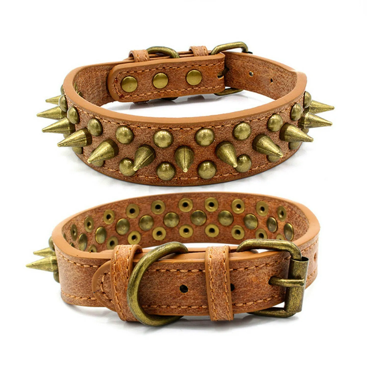 Retro studded spiked rivet PU faux leather dog collar in blue with metal D ring buckle on white background