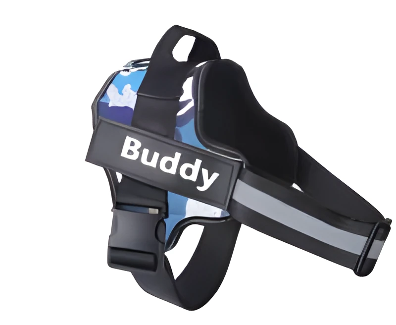 Personalised dog harness with custom name in camouflage blue nylon webbing, chest strap style, reflective stitching, size adjustable