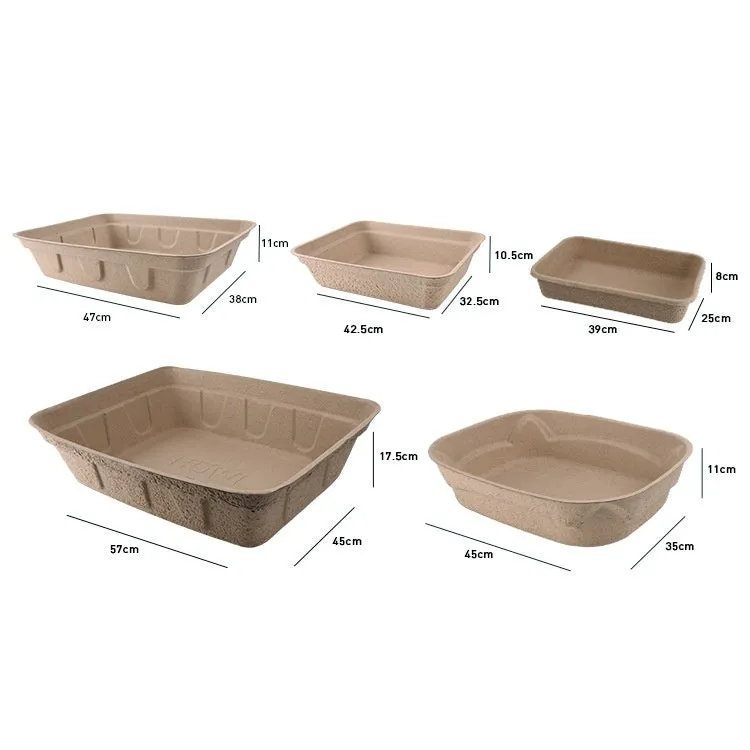 Brown biodegradable disposable cat litter box shown in three available sizes for small cats.
