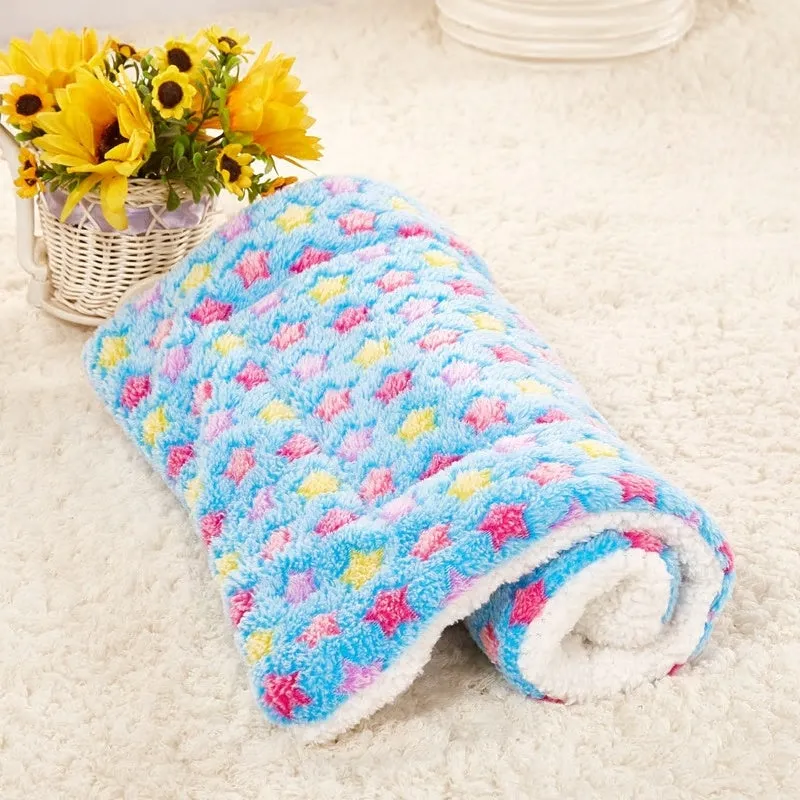 Coral cashmere pet blanket mat with reactive printing, showing a starry sky pattern on a 50x40cm size