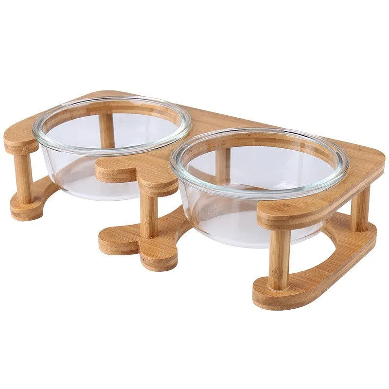 Clear glass cat bowl with 14.7cm diameter and 480ml capacity on stainless steel stand