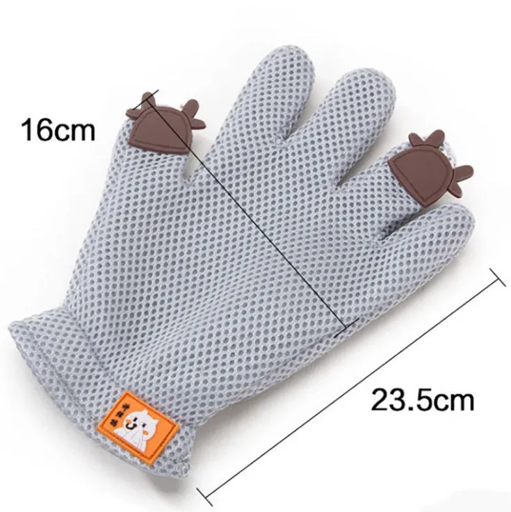 Pet hair removal silicone grooming glove for cats and dogs, pink, with elastic wrist and textured palm