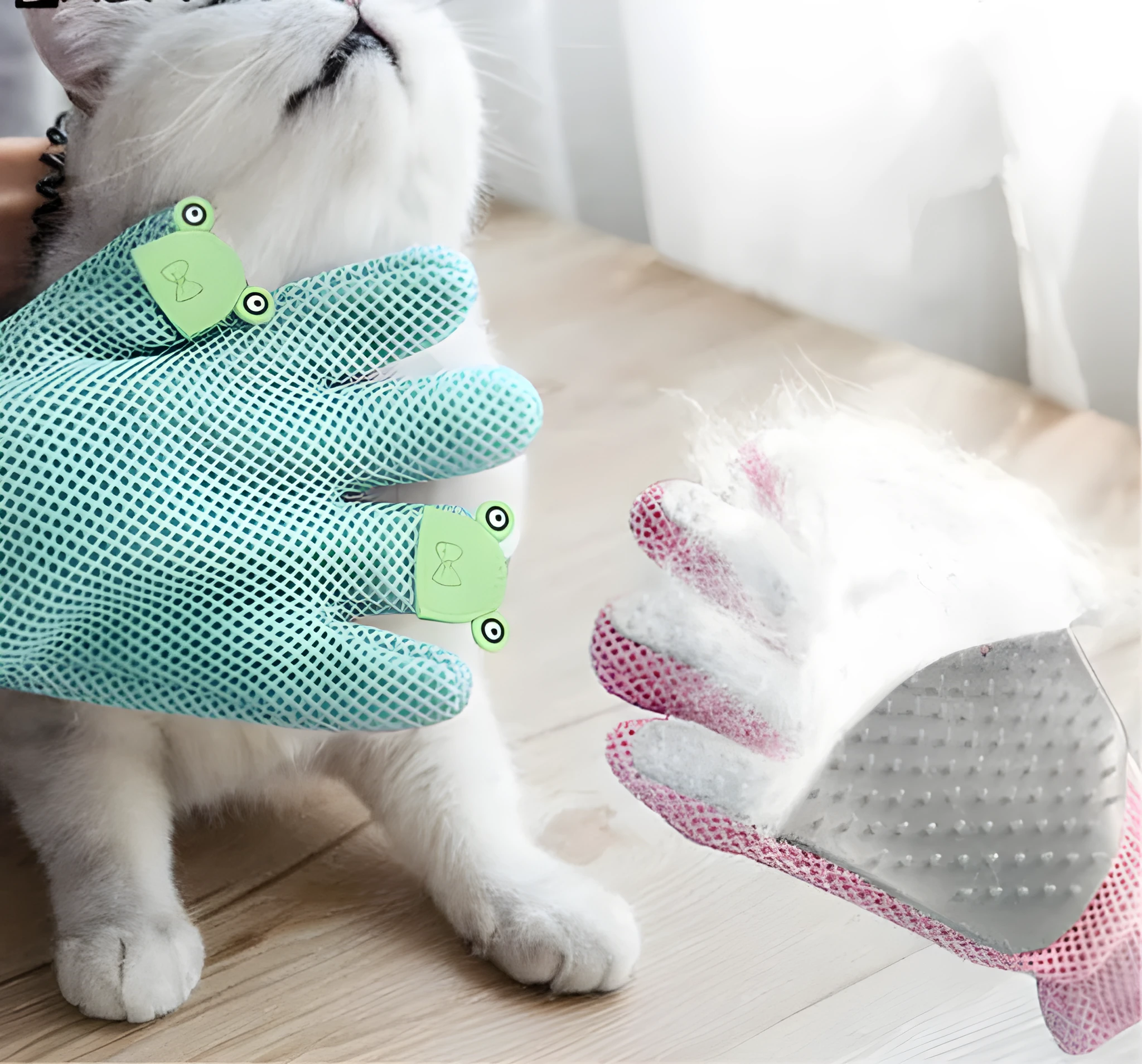 Pet hair removal silicone grooming glove for cats and dogs, pink, with elastic wrist and textured palm