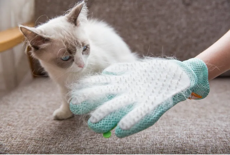 Pet hair removal silicone grooming glove for cats and dogs, pink, with elastic wrist and textured palm
