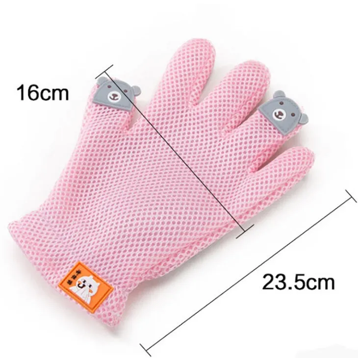 Pet hair removal silicone grooming glove for cats and dogs, pink, with elastic wrist and textured palm