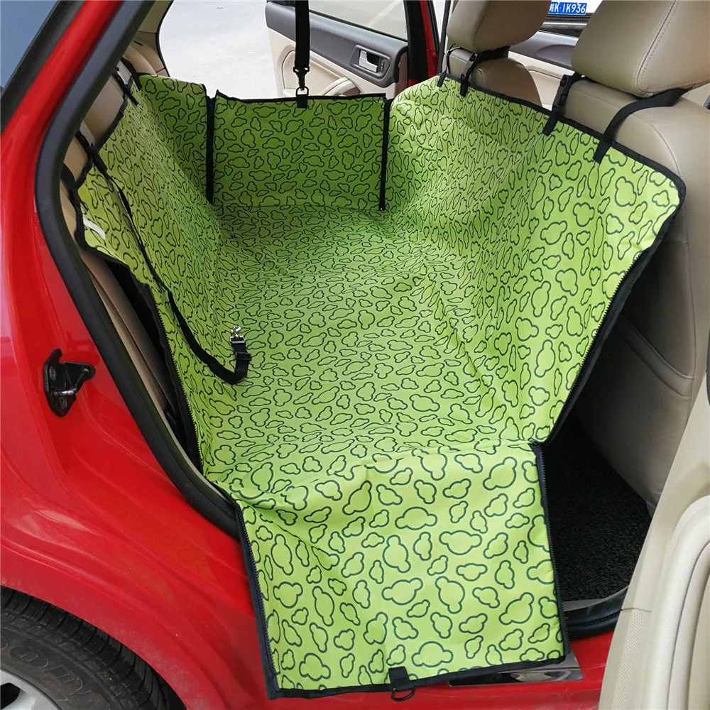 Car back seat cover for pet dog hammock in black Oxford cloth with clasp belt and foldable design