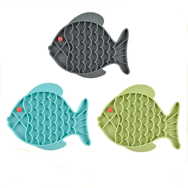 Silicone slow food tray for pets in blue, green, and gray, 24.5 cm long, anti-choking lick mat