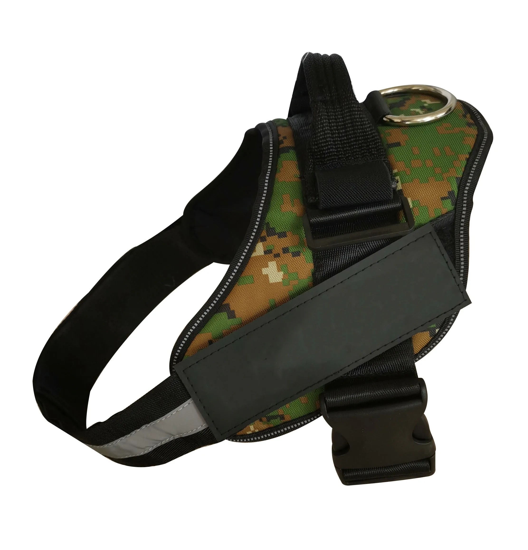 Black personalised no pull dog harness with reflective straps and adjustable chest buckle