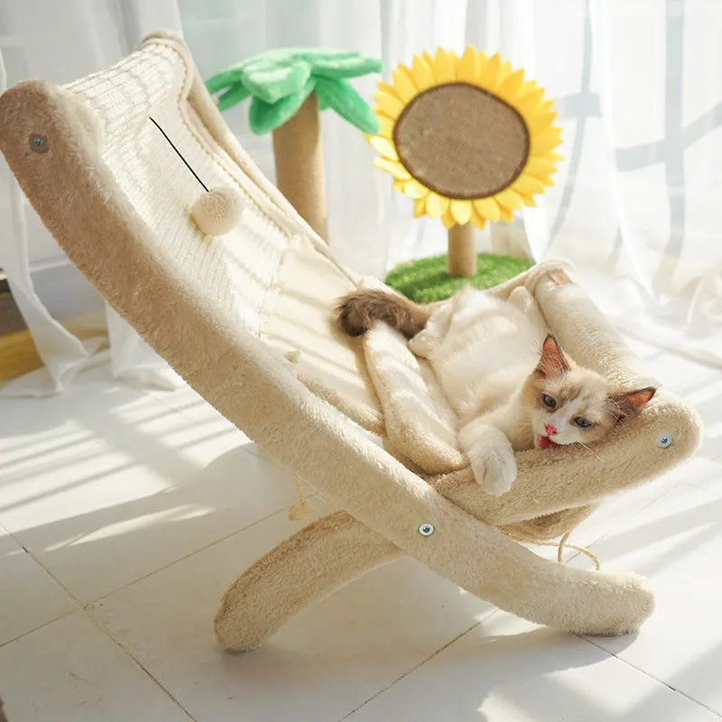 Pet cat sofa bed sunbathing chair with sisal and wood construction, beige with mat on back, for cats under 20 catties