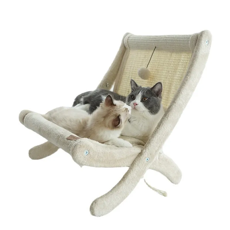 Pet cat sofa bed sunbathing chair with sisal and wood construction, beige with mat on back, for cats under 20 catties