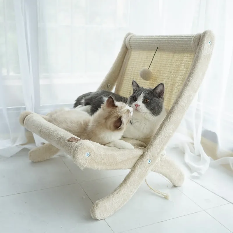 Pet cat sofa bed sunbathing chair with sisal and wood construction, beige with mat on back, for cats under 20 catties