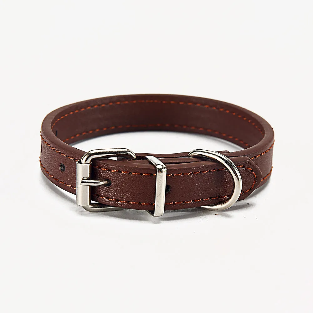 PU leather dog collar with metal buckle in coffee colour on white background