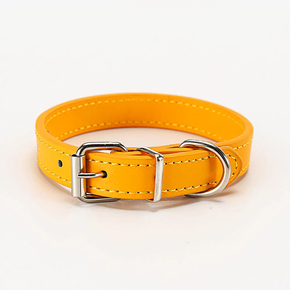 PU leather dog collar with metal buckle in coffee colour on white background