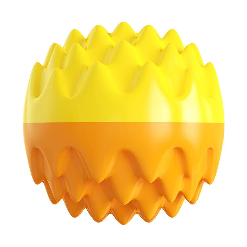Blue and orange durable rubber squeaky dog ball with spiky dental cleaning bumps.
