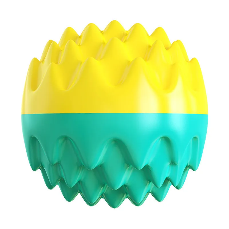 Blue and orange durable rubber squeaky dog ball with spiky dental cleaning bumps.