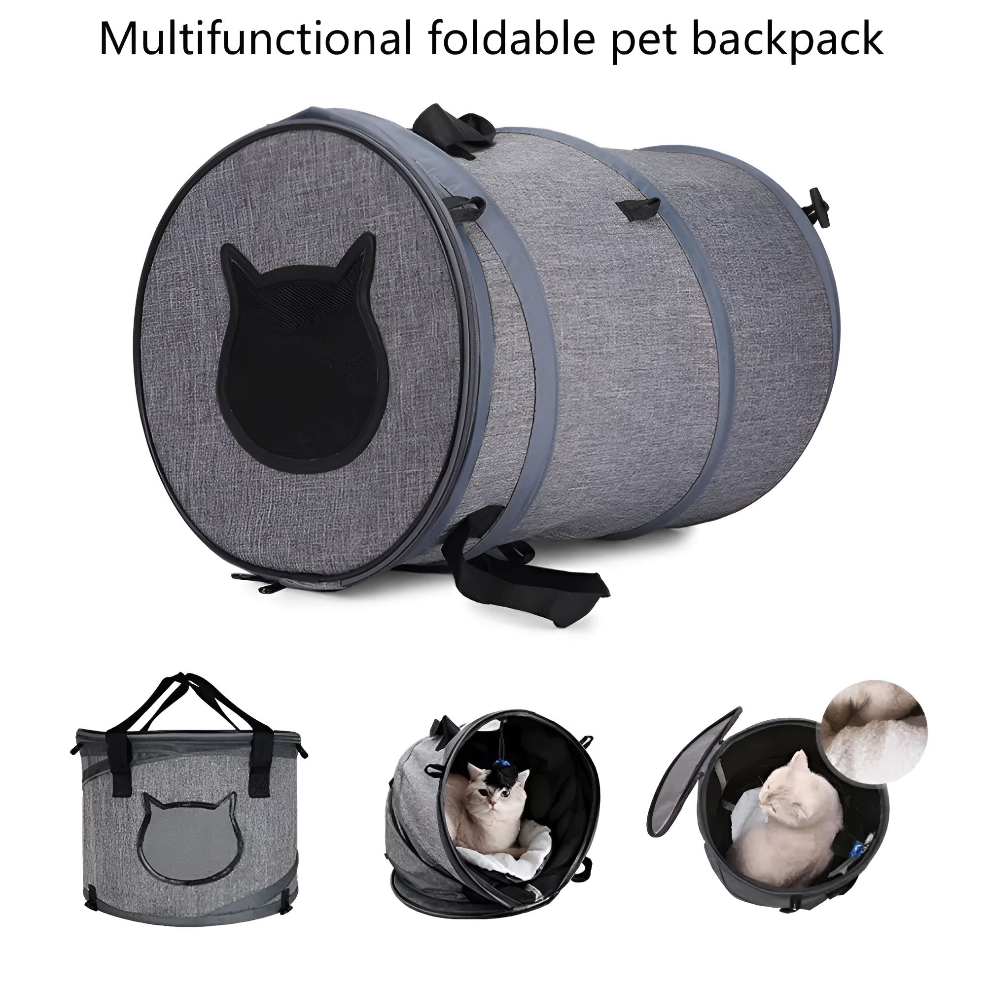 Fodable grey foldable pet carrier bag made of Oxford cloth, with top skylight and side storage pockets, 36x53cm size.