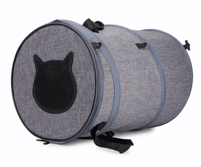 Fodable grey foldable pet carrier bag made of Oxford cloth, with top skylight and side storage pockets, 36x53cm size.